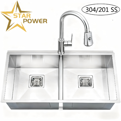 jakość  STAR POWER Brushed 304 Stainless Steel Handmade Kitchen Sink with Double-Bowl Design and Pull-Out Faucet fabryka