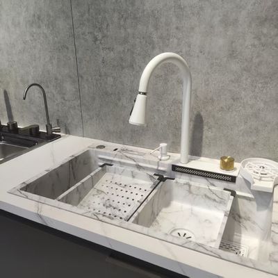 Dobra cena Zlewozmywak kuchenny nablatowy / wpuszczany biały wielofunkcyjny zlewozmywak kuchenny dwukomorowy stal nierdzewna nablatowy | Dostępna niestandardowa grubość stali | Dostępna niestandardowa głębokość komory | Odporny na rdzę i korozję w Internecie