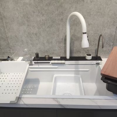 Biały wielofunkcyjny zlew kuchenny podwójny miska z stali nierdzewnej