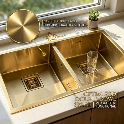 Dobra cena Gold-Toned Food-Grade 304 Stainless Steel Main Auxiliary Bowl Kitchen Sink Flush-Mount 900mm 250mm Deep Basin w Internecie