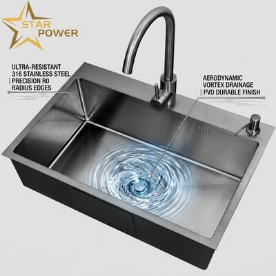 Dobra cena Wkład do zlewu kuchennego 316 z stali nierdzewnej Główna i pomocna miska zlewu kuchennego pistolet PVD Wkład do zlewu 800mm 220mm Głęboki zlew Dostępny dostosowany głębokość zlewu Dostępny dostosowany miernik stalowy w Internecie