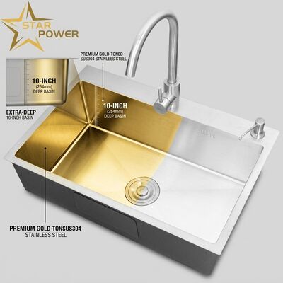 Dobra cena Zlewozmywak kuchenny podblatowy / wpuszczany ze stali nierdzewnej SUS304, główny i pomocniczy, w kolorze złotym, podblatowy, 700 mm, 10-calowa bardzo głęboka komora | Dostępna niestandardowa głębokość komory | Dostępna niestandardowa grubość stali w Internecie