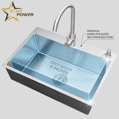 Dobra cena Top Mount / Drop-in Sink Kuchni 304 Stal Nierdzewna Równa Podwójna Miska Sink Kuchni Ręcznie Polerowany Drop-In 600mm 9-calowy głęboki zlew w Internecie