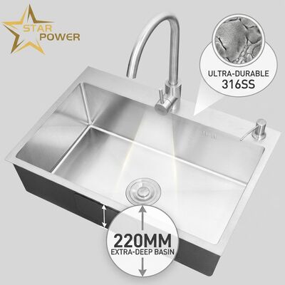 Dobra cena Górna montaż / Wylotowy zlew kuchni 316 Złożona ze stali nierdzewnej podwójna miska zlew kuchni Górna montaż 800mm 220mm Głęboki zlew. Dostępna niestandardowa głębokość zlewu. Dostępny niestandardowy miernik stalowy. w Internecie