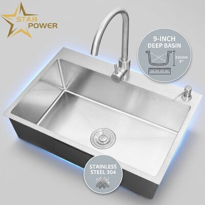 Dobra cena Górna montaż / Wylotowy zlew kuchni 304 Stal Nierdzewna Dwukrotna miska zlew kuchni Mat Surface Górna montaż 600mm 9-calowy głęboki zlew w Internecie