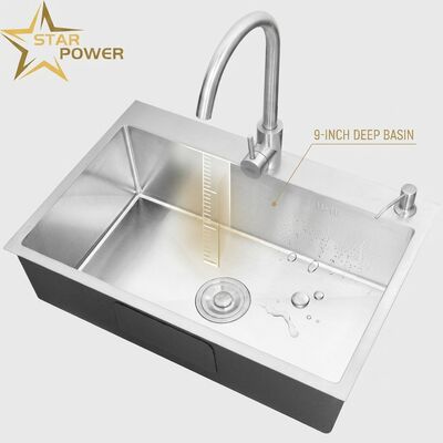 Dobra cena 304 ze stali nierdzewnej równa podwójna miska zlew kuchenny nano-powlekany Drop-In 600mm 9-calowy głęboki basen w Internecie