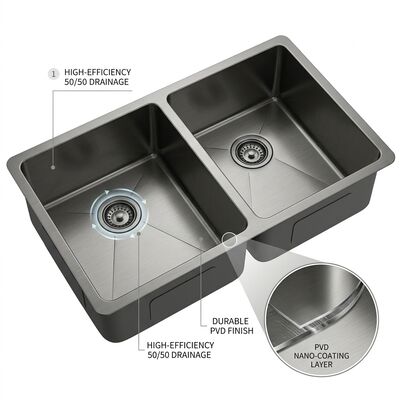 Dobra cena PVD Gunmetal 304 Stal Nierdzewna Zlewozmywak Kuchenny Podblatowy, Podwójna Komora 50/50, Wykładany Gumowymi Podkładkami Tłumiącymi Dźwięk w Internecie